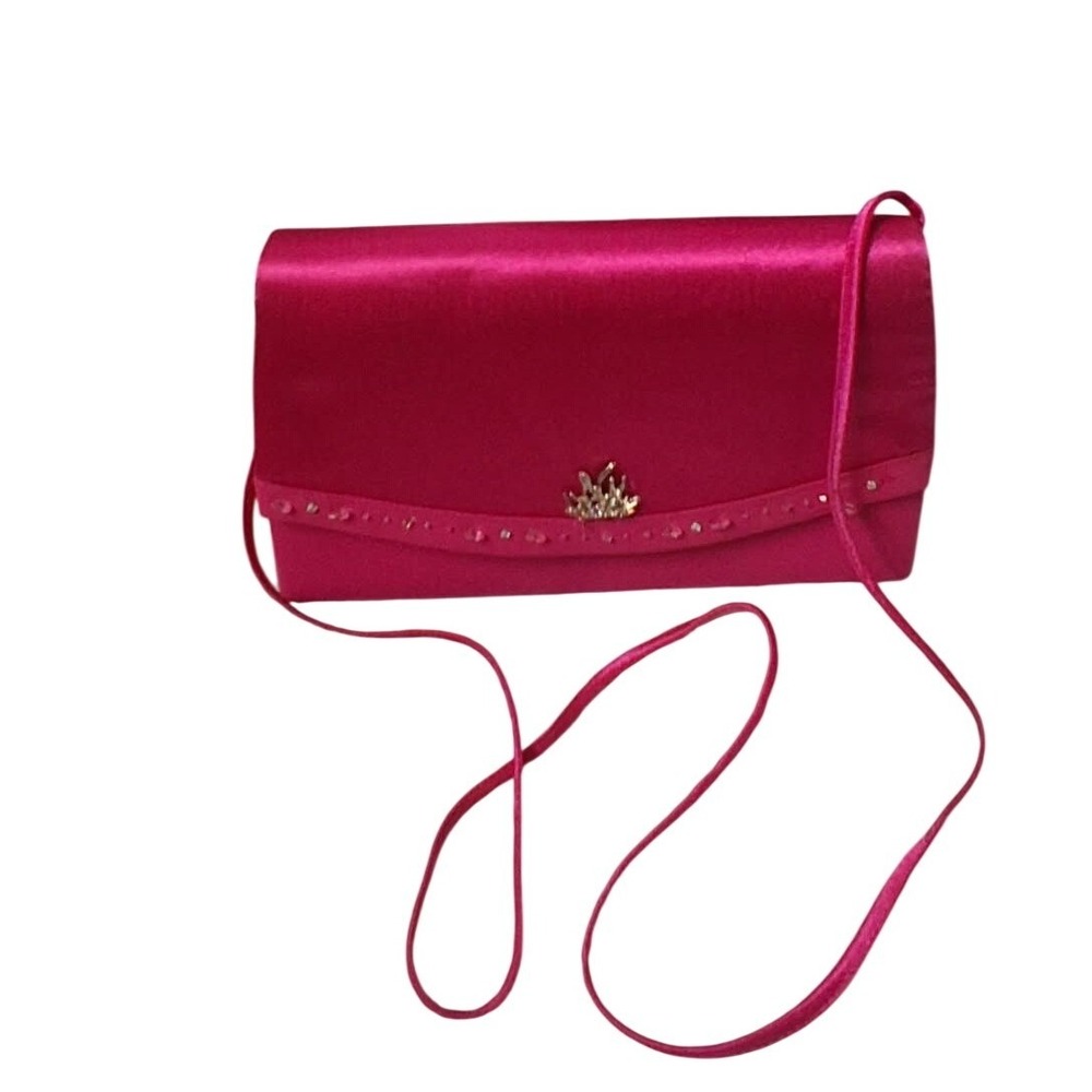 Milano Pink Satin Evening Clutch Bag Rhinestone Crown Accents Fuchsia Crossbody